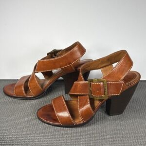Frye Amy Criss Cross Sandals Womens Size 9.5M Cognac Leather Block Heel Open Toe